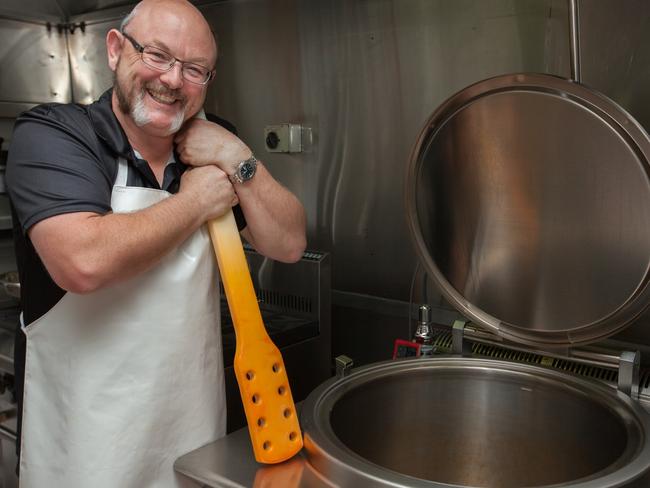 Shane Lewis beside his steam kettle. For Elaine Reeves column for Taste pages for Hobart Mercury.