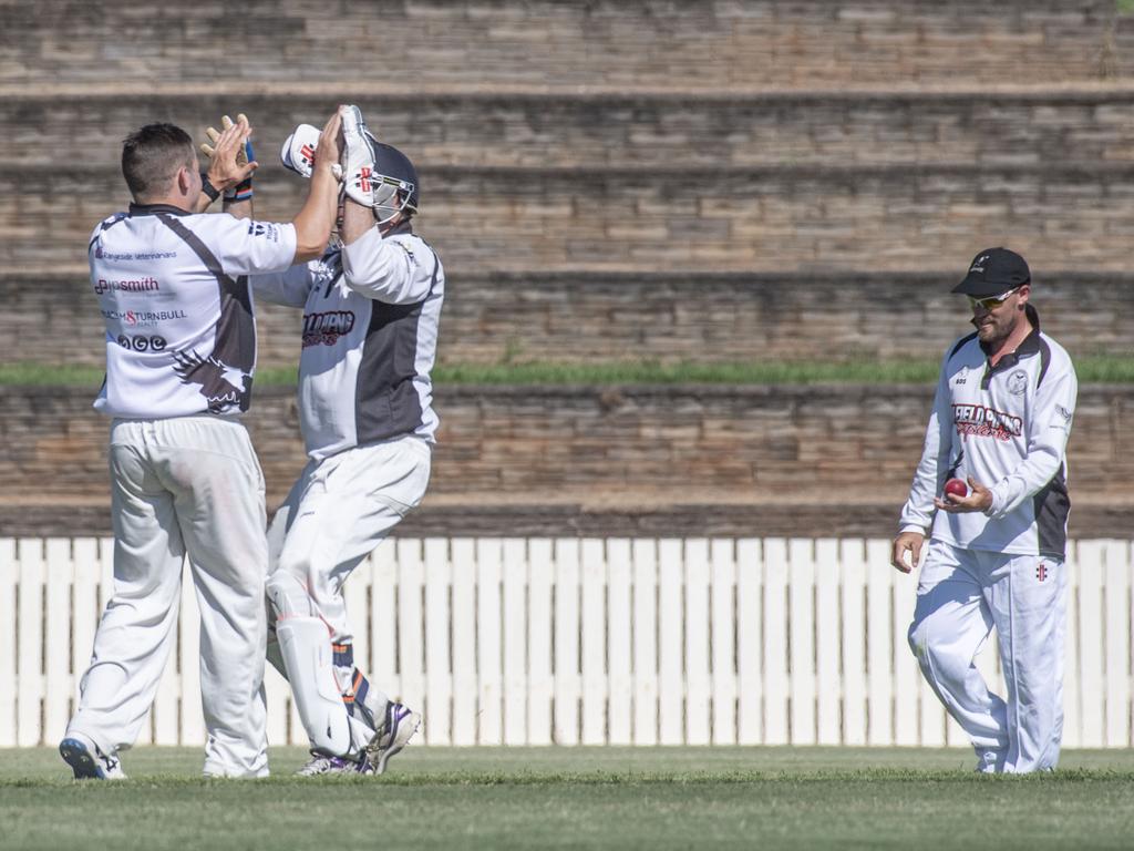 Lachlan Ireland celebrates the wicket of Brandon Sabburg.