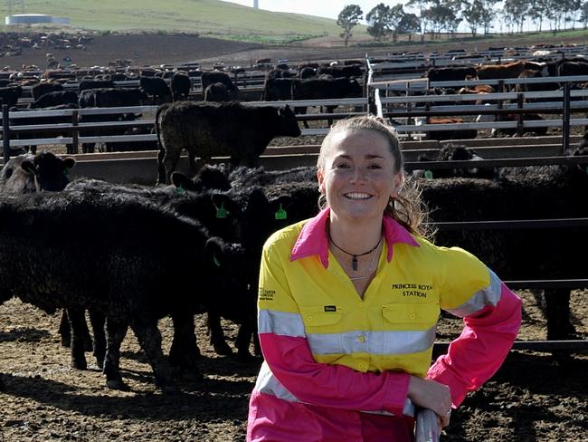 Rebecca Rowe at the feedlot she operates with her father, Simon Rowe, on Princess Royal station, near Burra.