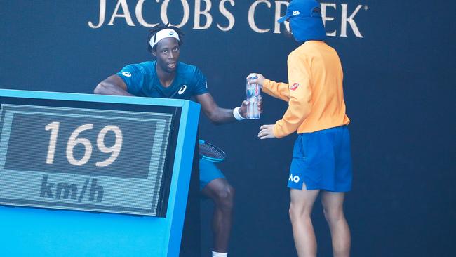 Gael Monfils seeks respite from the heat on Rod Laver Arena. Picture: Getty Images