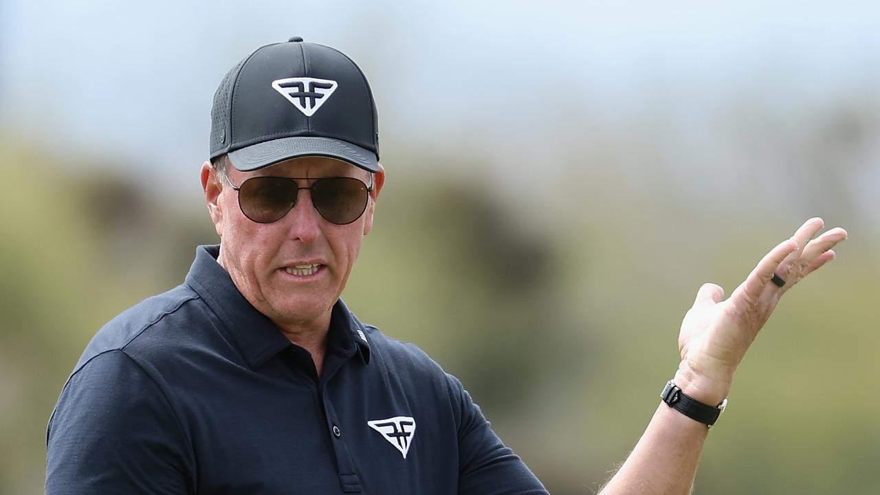 TUCSON, ARIZONA - MARCH 19: Captain Phil Mickelson of Hyflyers GC reacts to a missed putt on the 16th green during Day Three of the LIV Golf Invitational - Tucson at The Gallery Golf Club on March 19, 2023 in Tucson, Arizona. (Photo by Christian Petersen/Getty Images)