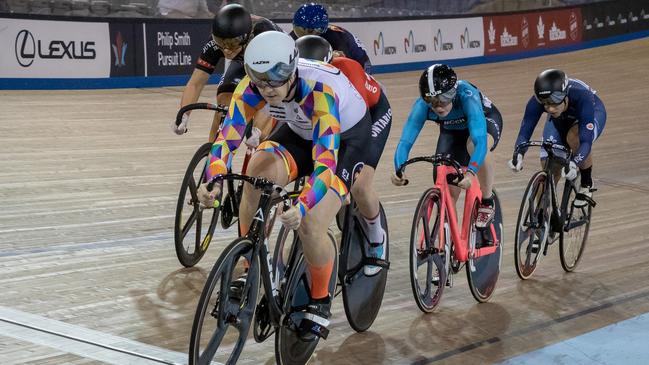 Rachel McKinnon leads a keirin race at the Masters Track Cycling World Championships in Los Angeles last September.