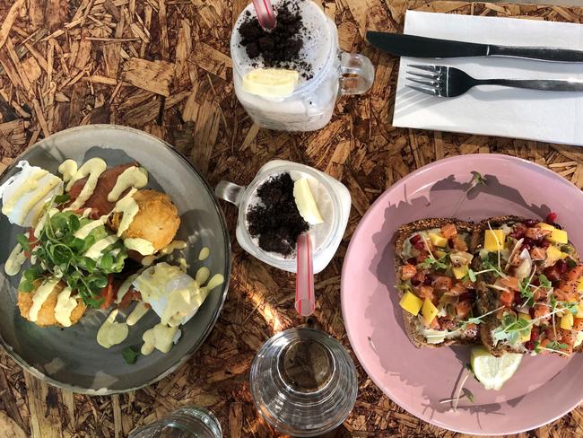 The potato hash, poke on spelt and Milky Bar and Oreo thickshakes at Elk Espresso, Broadbeach.