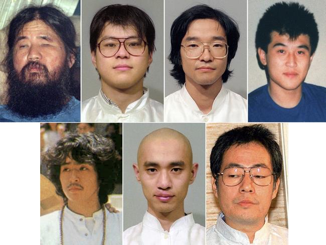 Some of the cult members including leader Shoko Asahara, from top left to right, his cult members, Tomomasa Nakagawa, Seiichi Endo, and Masami Tsuchiya. Other members from bottom left to right, Yoshihiro Inoue, Tomomitsu Nimi, and Kiyohide Hayakawa.