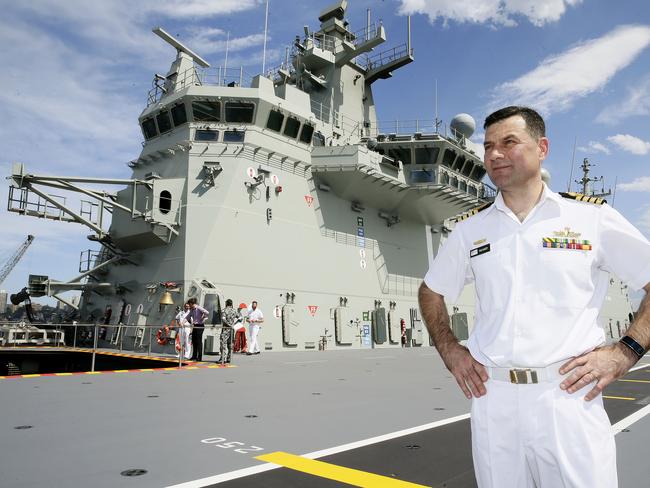 Adelaide's Commanding Officer Captain Paul Mandziy on the flightdeck. Sneak peak on board NUSHIP Adelaide , The Royal Australian Navy's newest helicopter landing ship, before it is commissioned this friday. Picture: John Appleyard