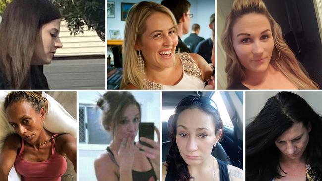 Some of southeast Qld's drug parents. (clockwise from top left) Courtney Mueller; Sarah Hannan; Catherine McKinnon; Melita Moore; Tamika Geiger; Amira Obeid and Rebecca Ianniello.