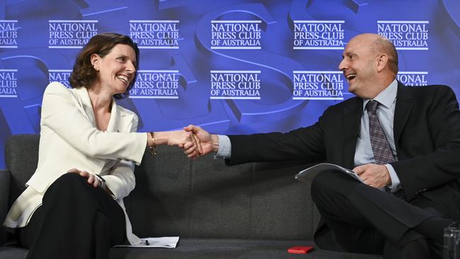 Independent Wentworth MP Allegra Spender and Dr Richard Denniss from the Australia Institute debated tax reform at the National Press Club. Picture: NCA NewsWire / Martin Ollman