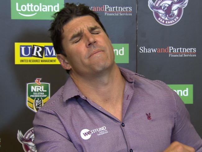 Trent Barrett is shattered during Manly's press conference.