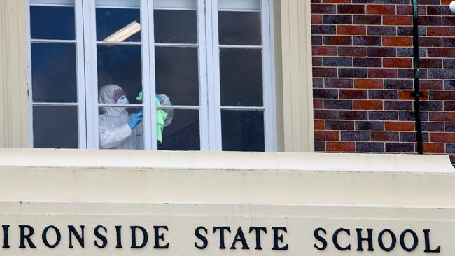 Deep-cleaning operations at Ironside State School at St Lucia, the centre of Brisbane’s Delta outbreak and South East Queensland’s extended lockdown. Picture: David Clark