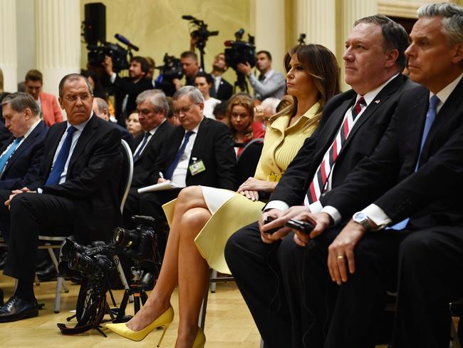 US First Lady Melania Trump watched on during the joint Trump-Putin press conference. Picture: AFP/ Brendan Smialowski.