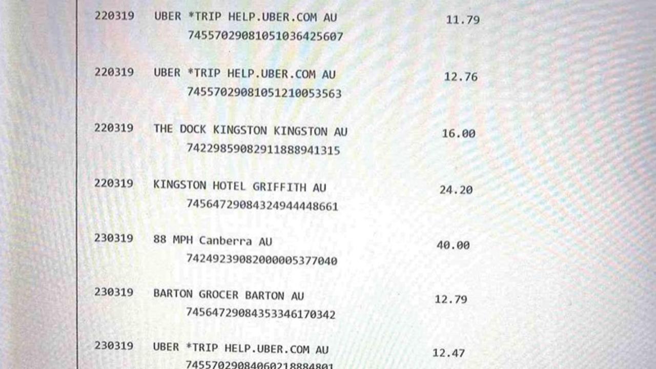 A copy of Bruce Lehrmann's bank account showing his transaction from the night of 22 March 2019. Picture: Supplied.