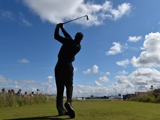 Tiger Woods of the United States tees off during a practice round in Hoylake, England.