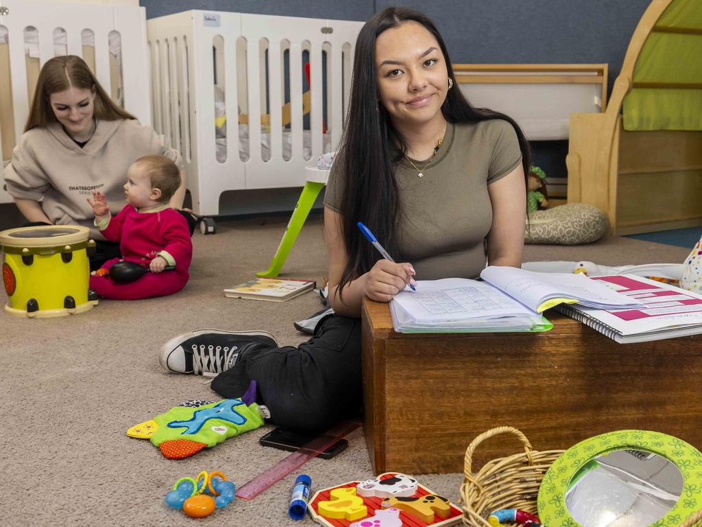 There is a nursery next to the students’ learning space so they can do their school work while caring for their kids. Picture: Wayne Taylor