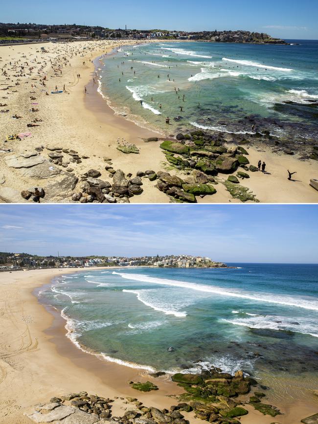 Before and after authorities take action. Bondi Beach on Friday and Sunday. Pictures: Jenny Evans/Getty Images