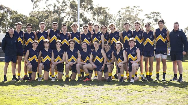 Whitefriars College pose for a team photograph before the Herald Sun Shield Senior Boys Grand Final between Whitefriars College and St Patrick's Ballarat at Box Hill City Oval. Picture: Daniel Pockett/AFL Photos/via Getty Images