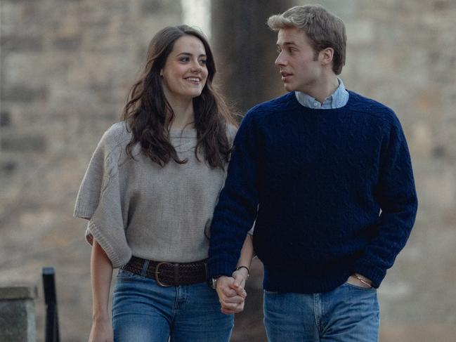 Ed McVey as Prince William and Meg Bellamy as Kate Middleton in season 6 of The Crown. Picture: Justin Downing/Netflix