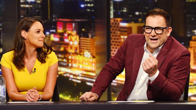 Neroli Meadows with host Anthony 'Lehmo' Lehmann, on set at the Footy Show rehearsals. Picture: Nicki Connolly