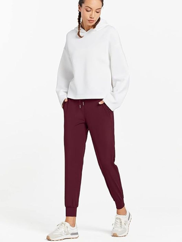 These burgundy joggers are perfect for on-the-go comfort. Picture: Amazon