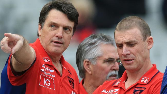 Paul Roos and Simon Goodwin working closely together during 2016. Picture: Wayne Ludbey