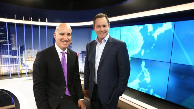 Angelos Frangopoulos, CEO of Australian News Channel, with Andrew Lancaster,  CEO of WIN Corp, at Foxtel’s studios in Sydney. Picture: James Croucher