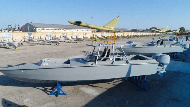 Iran's Revolutionary Guard Corps (IRGC) displays speed boats carrying droness. Picture: AFP.