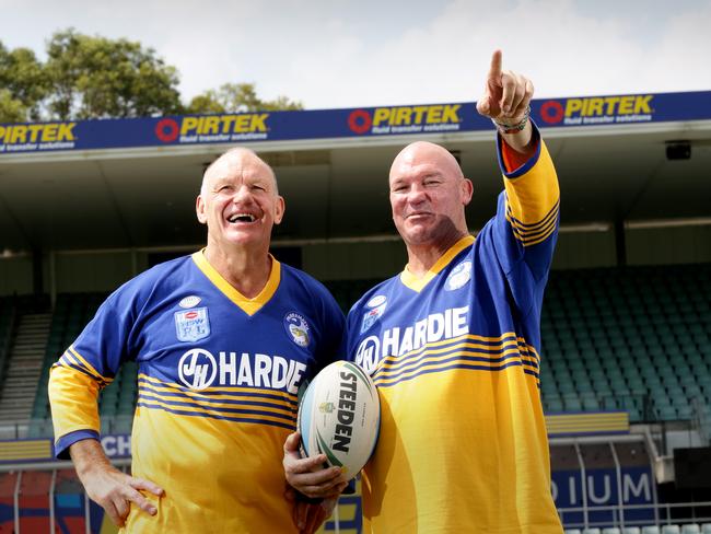 Peter Wynn and Paul Meares celebrate the 30th anniversary of Parramatta Stadium in March last year. Picture: Peter Kelly