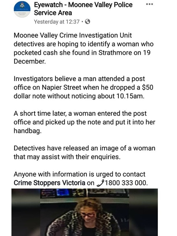 Moonee Valley Crime Investigation Unit’s post calling for information on a woman who allegedly stole a $50 note.