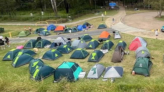 Tents at Brisbane Entertainment Centre ahead of Billie Eilish performance, 18 February 2025. Photo: Mikaela Mulveney.