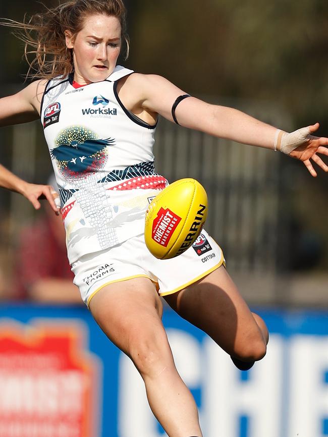 Ailish Considine prepares to kick the ball during the Crows 10-goal win over the Melbourne Demons at Casey Fields in Melbourne. Picture: Michael Willson/AFL Media