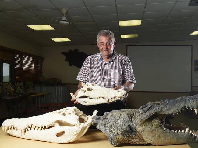 Professor Grahame Webb with the skull of a 5.5 meter monster crocodile - compared with a 3.3 meter crocodile skull at Crocodylus Park.