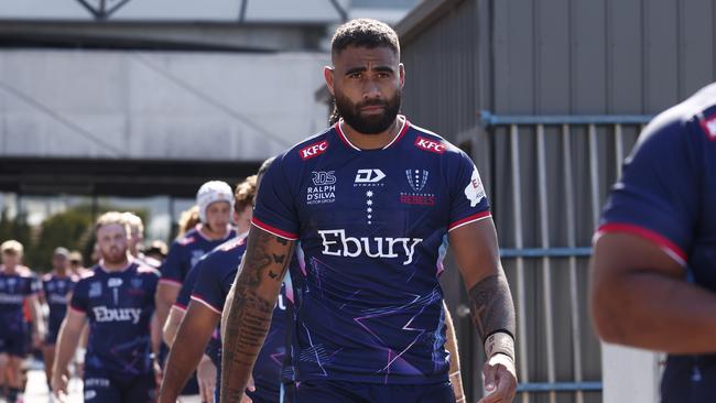 MELBOURNE, AUSTRALIA - FEBRUARY 16: Lukhan Salakaia-Loto of the Rebels walks out during the Super Rugby Pacific Pre-Season Match between Melbourne Rebels and Fijian Drua at Gosch's Paddock on February 16, 2024 in Melbourne, Australia. (Photo by Daniel Pockett/Getty Images)