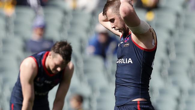 Norwood’s Mitchell Wilkins and Tom Forster look on helplessly as Adelaide kicks another goal. Picture SARAH REED