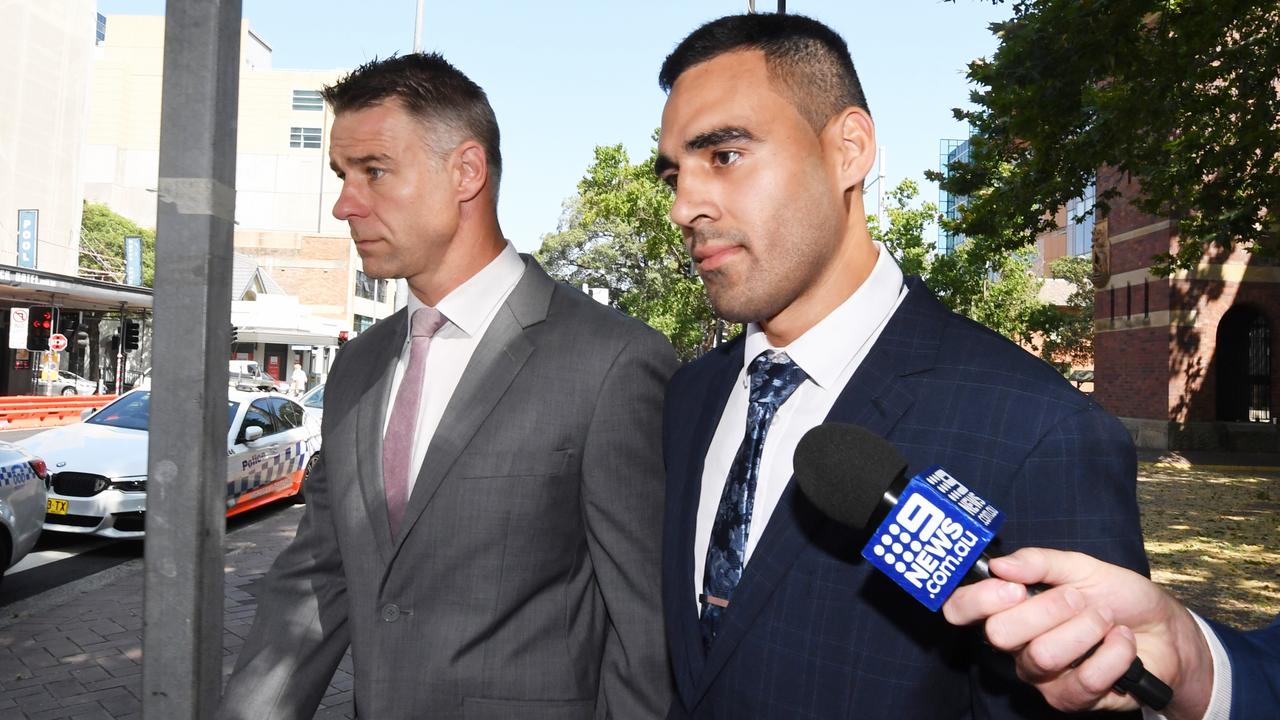 May (right) leaves Parramatta Local Court last January after being sentenced, having pleaded guilty to four counts of intentionally recording an intimate image without consent. Picture: AAP Image/Peter Rae