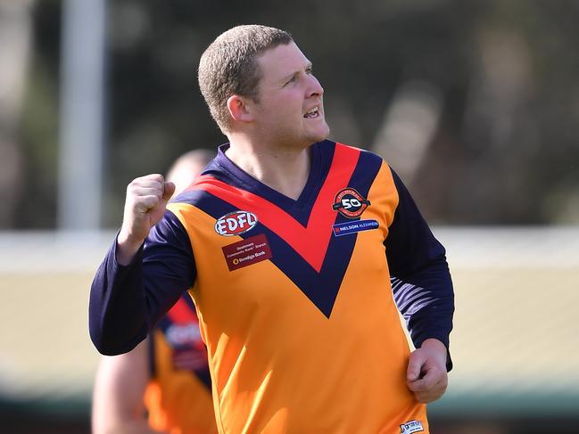 East Keilor's coach Nick Grigg celebrates a goal  during the Hadfield v East Keilor  EDFL match in Hadfield, Saturday,July 29, 2017. (Picture:/Andy Brownbill)