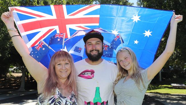 Gold Coast celebrates Australia Day at Broadwater parklands at Southport. Jasmine Osner, Jade Knowles and Abhigayil Osner from Nerang. Picture Glenn Hampson