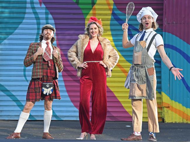 Sam Dugmore and Oliver Nilsson from the Latebloomers and cabaret perform Amelia Ryan from Unsung announcing Fringe registrations opening for 2021 artists. Picture: Tom Huntley