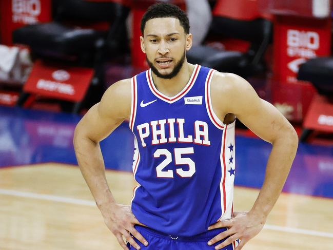 PHILADELPHIA, PENNSYLVANIA - MARCH 01: Ben Simmons #25 of the Philadelphia 76ers calls to teammates during the third quarter against the Indiana Pacers at Wells Fargo Center on March 01, 2021 in Philadelphia, Pennsylvania. NOTE TO USER: User expressly acknowledges and agrees that, by downloading and or using this photograph, User is consenting to the terms and conditions of the Getty Images License Agreement.   Tim Nwachukwu/Getty Images/AFP == FOR NEWSPAPERS, INTERNET, TELCOS & TELEVISION USE ONLY ==