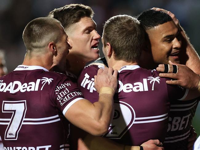 SYDNEY, AUSTRALIA - JUNE 04: Haumole Olakau'atu of the Sea Eagles celebrates scoring a try during the round 13 NRL match between the Manly Sea Eagles and the New Zealand Warriors at 4 Pines Park, on June 04, 2022, in Sydney, Australia. (Photo by Cameron Spencer/Getty Images)