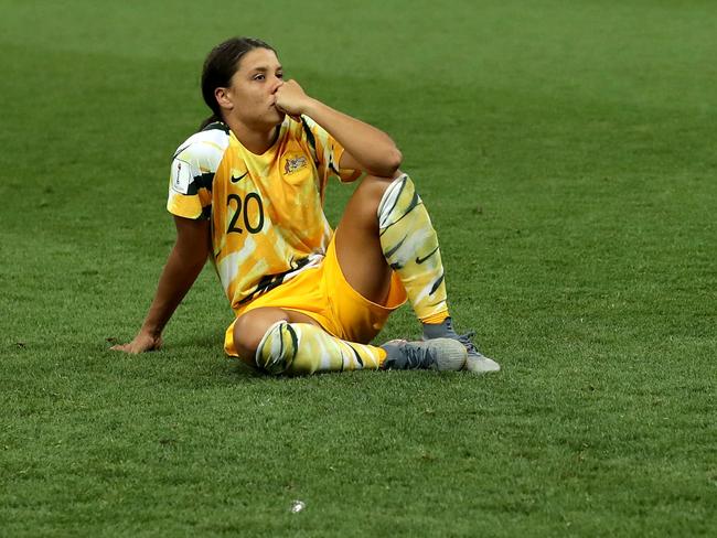 NICE, FRANCE - JUNE 22: Sam Kerr of Australia looks dejected after losing the penalty shoot out during the 2019 FIFA Women's World Cup France Round Of 16 match between Norway and Australia at Stade de Nice on June 22, 2019 in Nice, France. (Photo by Hannah Peters - FIFA/FIFA via Getty Images)