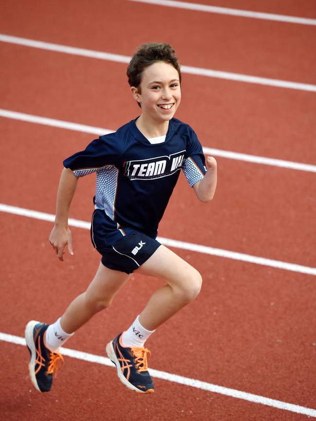 Anthony Jordan, 11, from Mitcham, was born with a shortened left forearm and no fingers or thumb on his hand — but that hasn’t stopped his sporting ambition in athletics, cricket and football. He has won the Whitehorse Leader Young Sporting Spirit award. Picture: Steve Tanner