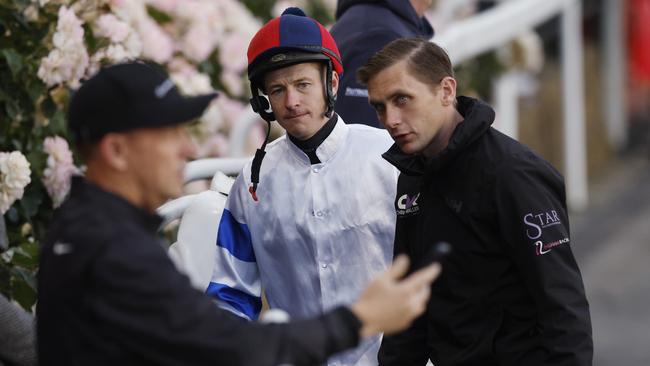 Chris Waller (forefront) with jockey James McDonald and asistant trainer Charlie Duckworth after Via Sistina became loose at Breakfast With The Best on Tuesday morning Picture: Michael Klein