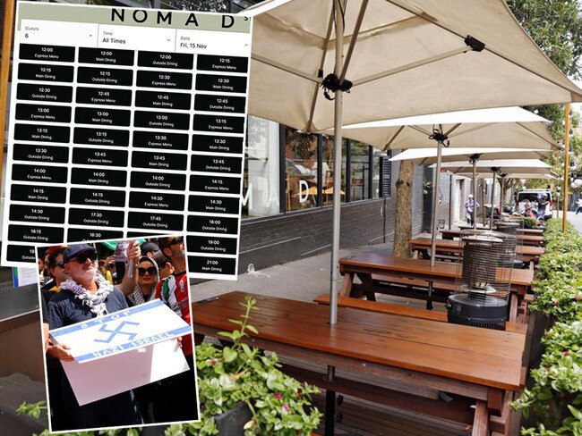 Empty tables outside Nomad (main picture), the empty bookings list for Friday night, top left, and Nomad's Al Yaznek with the a Nazi symbol sign that casued outrage at a pro-Palestine protest. Pictures: News Corp/Supplied