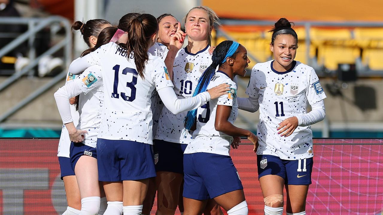 WELLINGTON, NEW ZEALAND - JULY 27: Lindsey Horan (3rd R) of USA celebrates with teammates after scoring her team's first goal during the FIFA Women's World Cup Australia &amp; New Zealand 2023 Group E match between USA and Netherlands at Wellington Regional Stadium on July 27, 2023 in Wellington, New Zealand. (Photo by Buda Mendes/Getty Images)