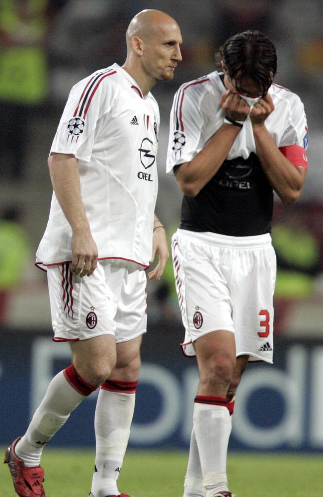 AC Milan's captain Paolo Maldini (R) left the field in tears.