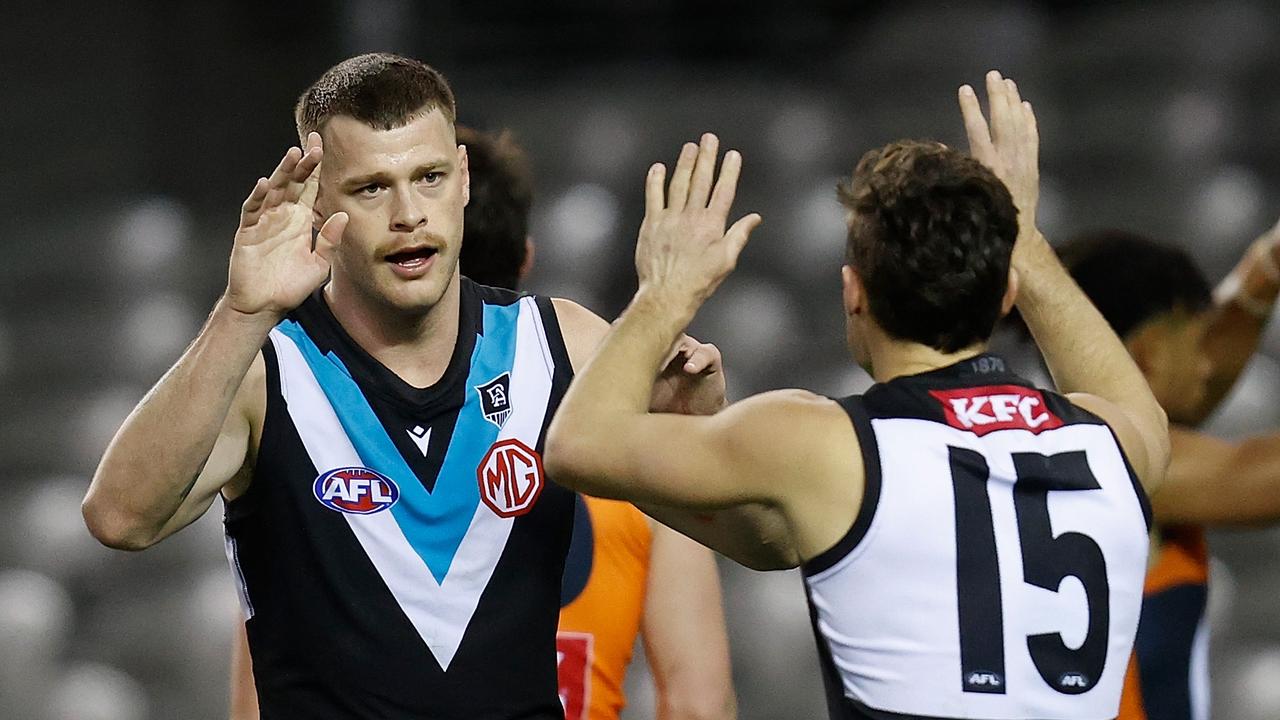 Ladhams, left, played 17 games for the Power this year. Picture: Michael Willson/AFL Photos