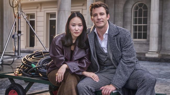 With her Bridgerton co-star Luke Thompson. Picture: Gavin Bond