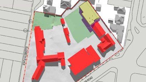 A map of the existing school with the new hall (yellow) shown in the north eastern corner