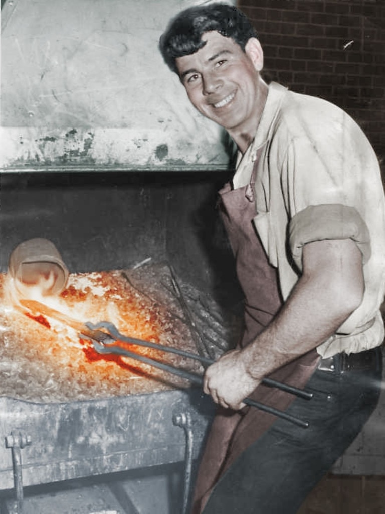 Woodville footballer George Roache at work as an apprentice tool-smith at the General Motors-Holden factory on May 30, 1966. Pic: Barry O’Brien