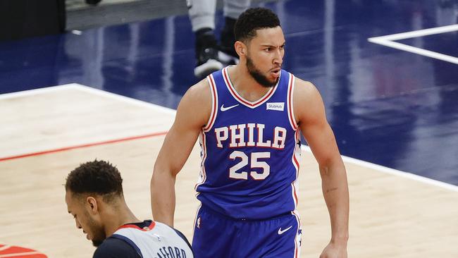 WASHINGTON, DC - MAY 31: Ben Simmons #25 of the Philadelphia 76ers celebrates during the first quarter against the Washington Wizards during Game Four of the Eastern Conference first round series at Capital One Arena on May 31, 2021 in Washington, DC. NOTE TO USER: User expressly acknowledges and agrees that, by downloading and or using this photograph, User is consenting to the terms and conditions of the Getty Images License Agreement.   Tim Nwachukwu/Getty Images/AFP == FOR NEWSPAPERS, INTERNET, TELCOS & TELEVISION USE ONLY ==