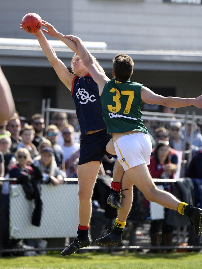 William Nevill and Daniel Cann in action during the SFNL Div 3 Grand Final. Picture: Andy Brownbill.